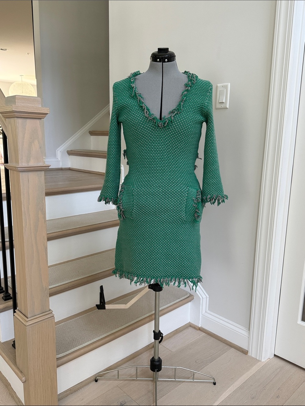 Tracy Reese Green Fringed Knit V-Neck Mini Dress - Picture 1 of 5